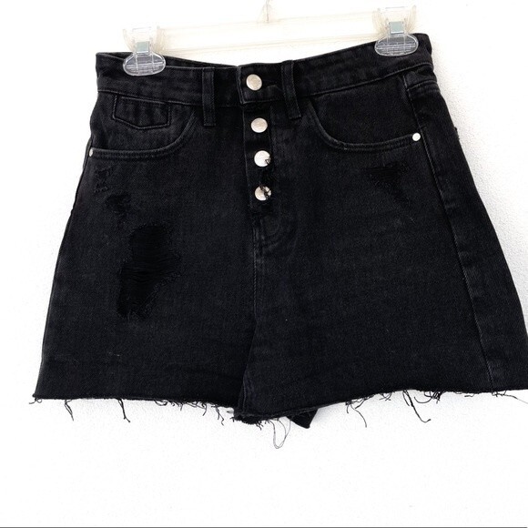 Zara High Rise Waist Black Distressed Denim Jean Short Exposed Button Fly Size 2 - Picture 1 of 9